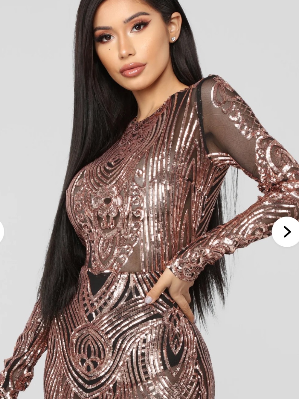 Fashion Nova Rose Gold Sequin Long Sleeve Bodycon Dress